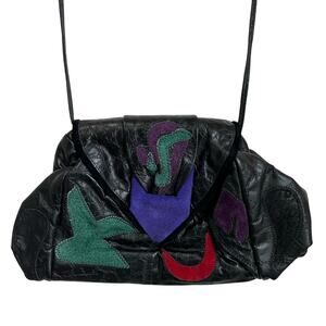 Vintage 1980s Faux Leather Crossbody Patch Colorful Purse